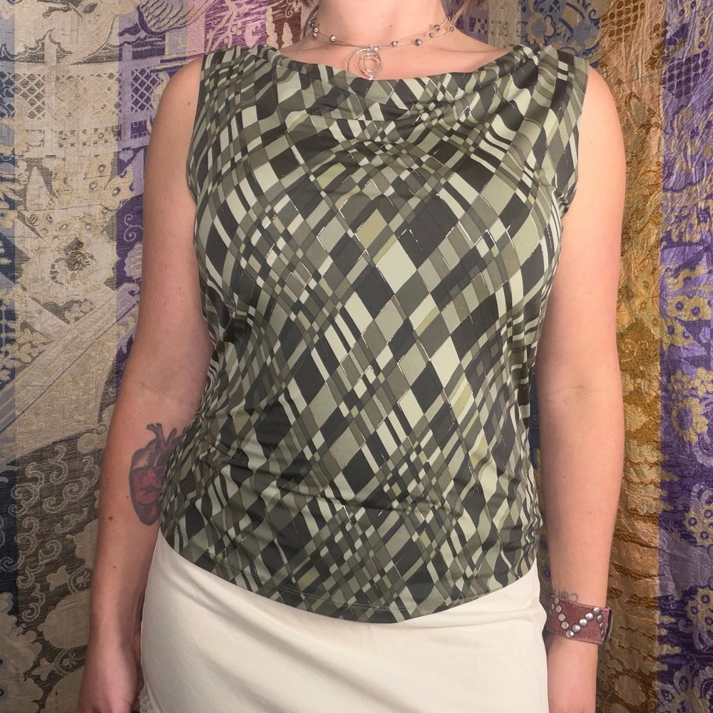 90s Abstract Cowl Neck Indie Sleeze Streetwear Chic Sleeveless Green Top Size L
